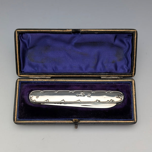 1898 British antique sterling silver handle and blade penknife in case James Deakin & Sons